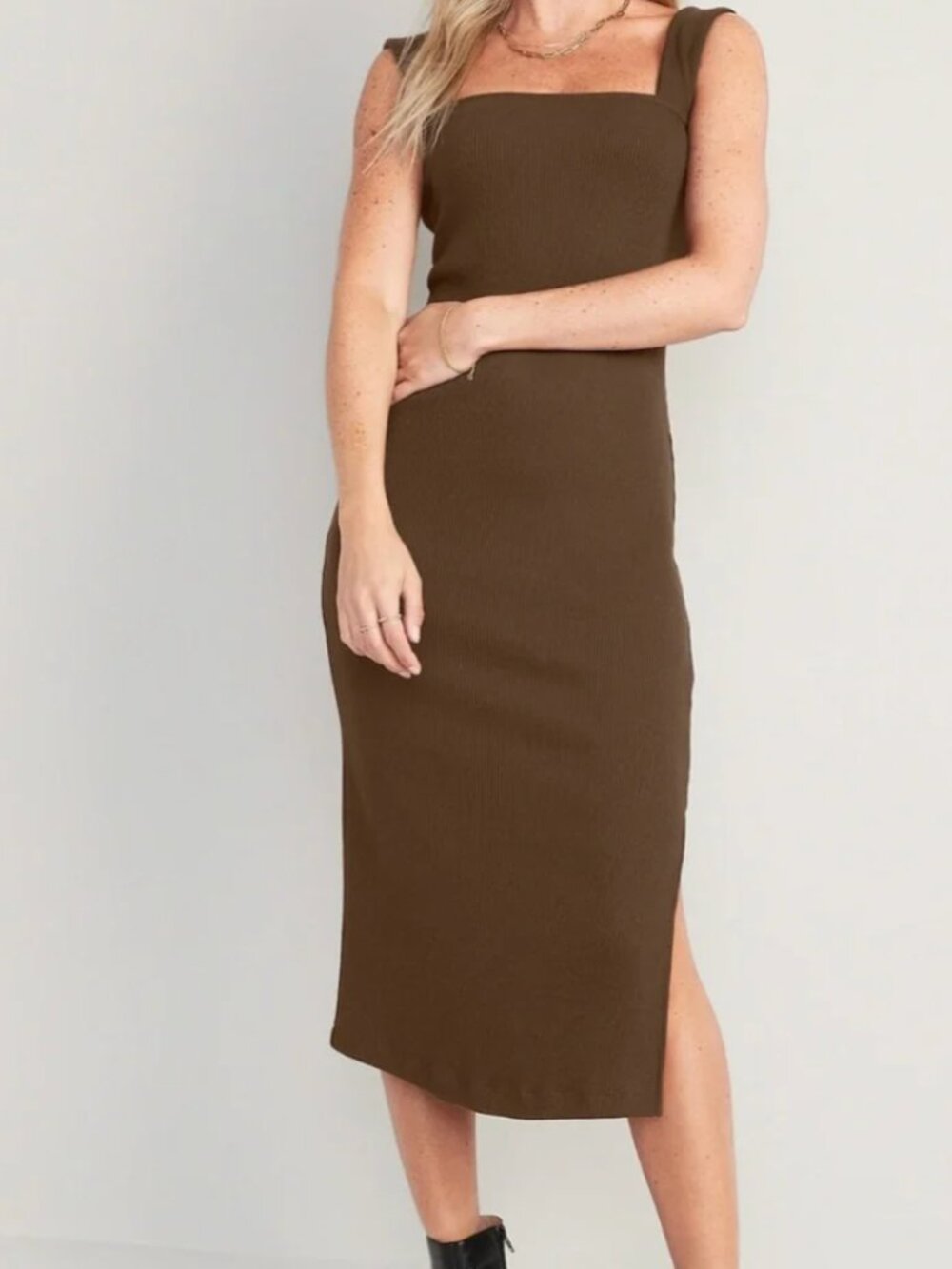 Old Navy Espresso Bark Ribbed Sleeveless Midi Dress Side Slit M